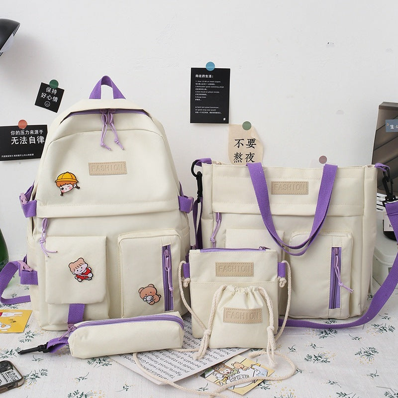 College Students' Backpack Five-piece Contrast Color Canvas School Bag