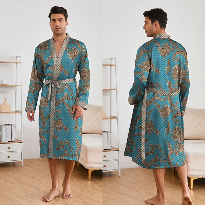 Men's Printed Robes Set - Long Sleeve Top & Shorts Suit