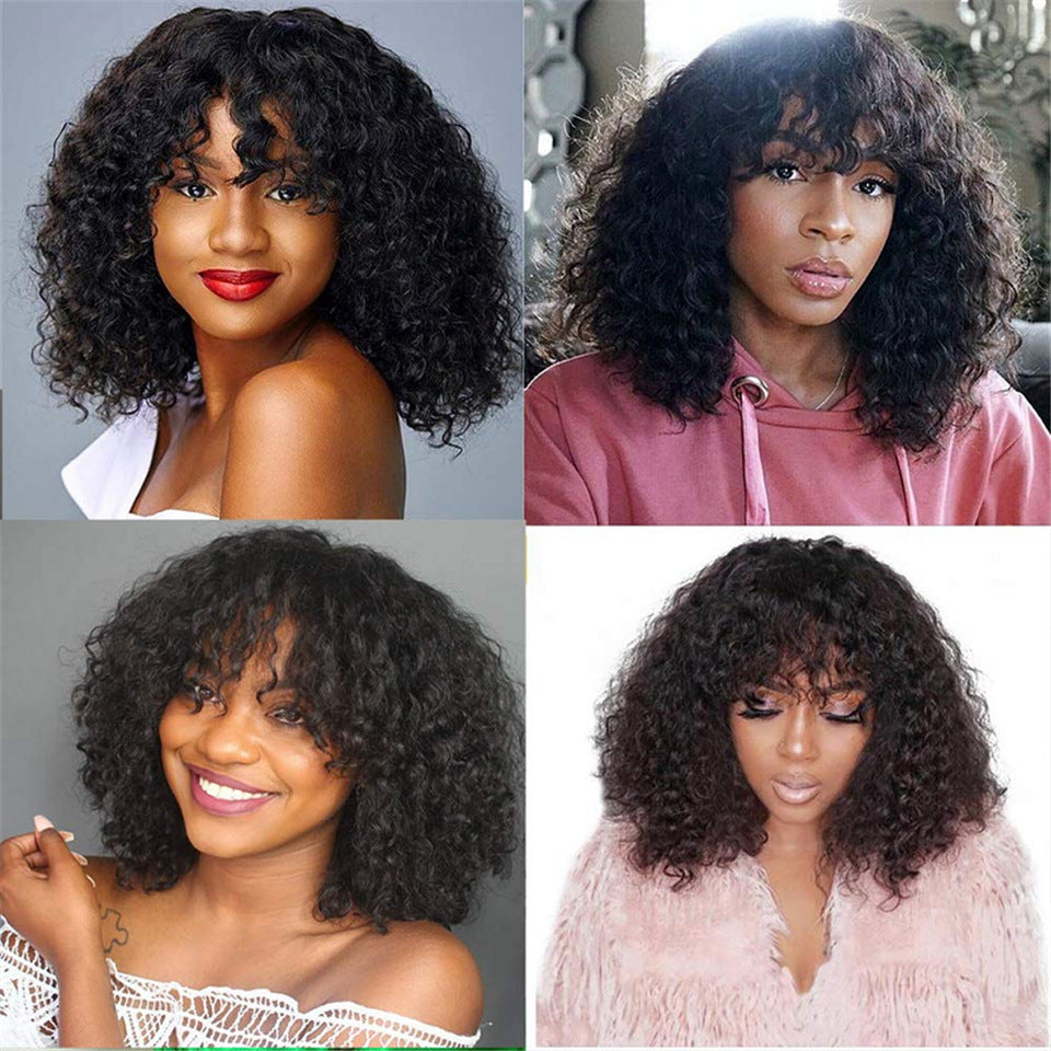 Women's Textured Curly Human Hair Wigs - Adult Natural Wigs With Bangs