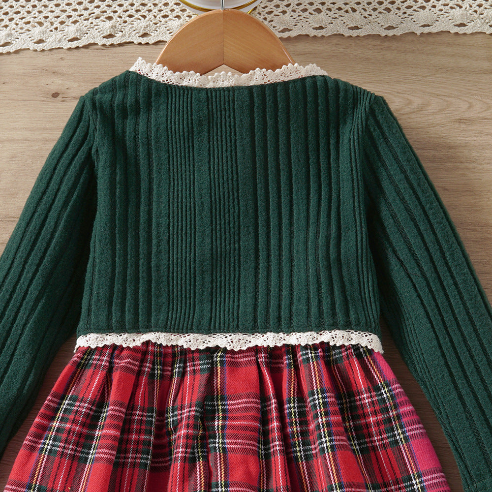 Girls Autumn Knitted Lace Top Plaid Vest Skirt Suit