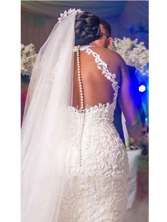 Women's Vintage Lace Beaded Mermaid Wedding Dress – Sheer Halter Neck Tulle Bridal Gown with Sweep Train | Beige & White | US 2–16