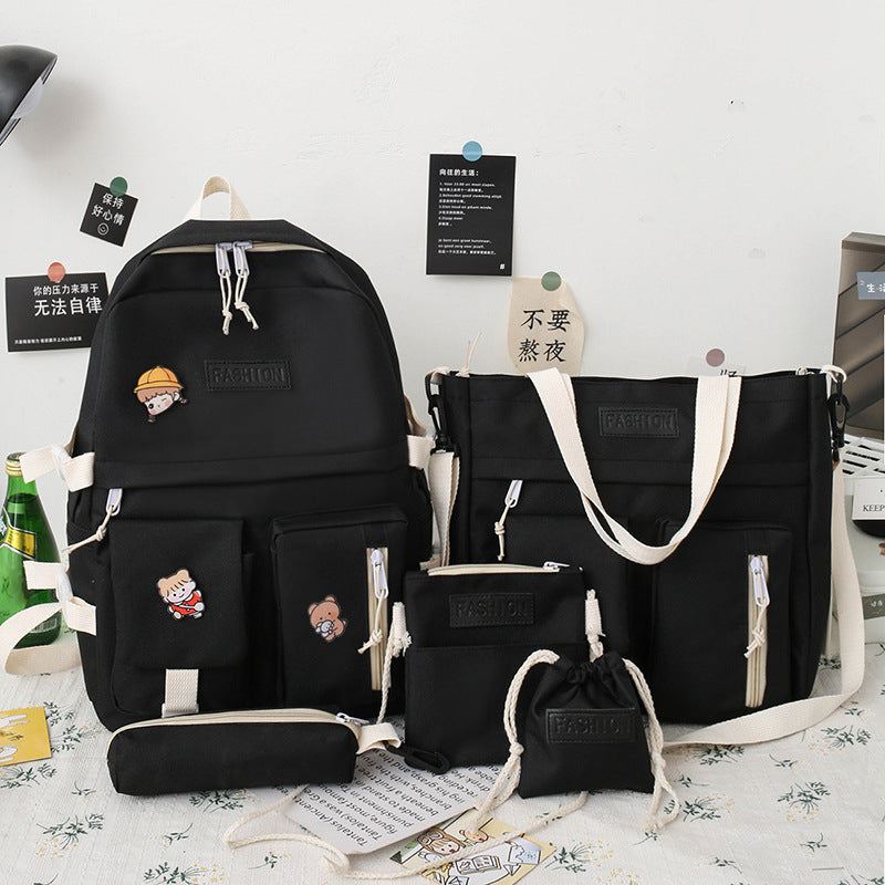 College Students' Backpack Five-piece Contrast Color Canvas School Bag
