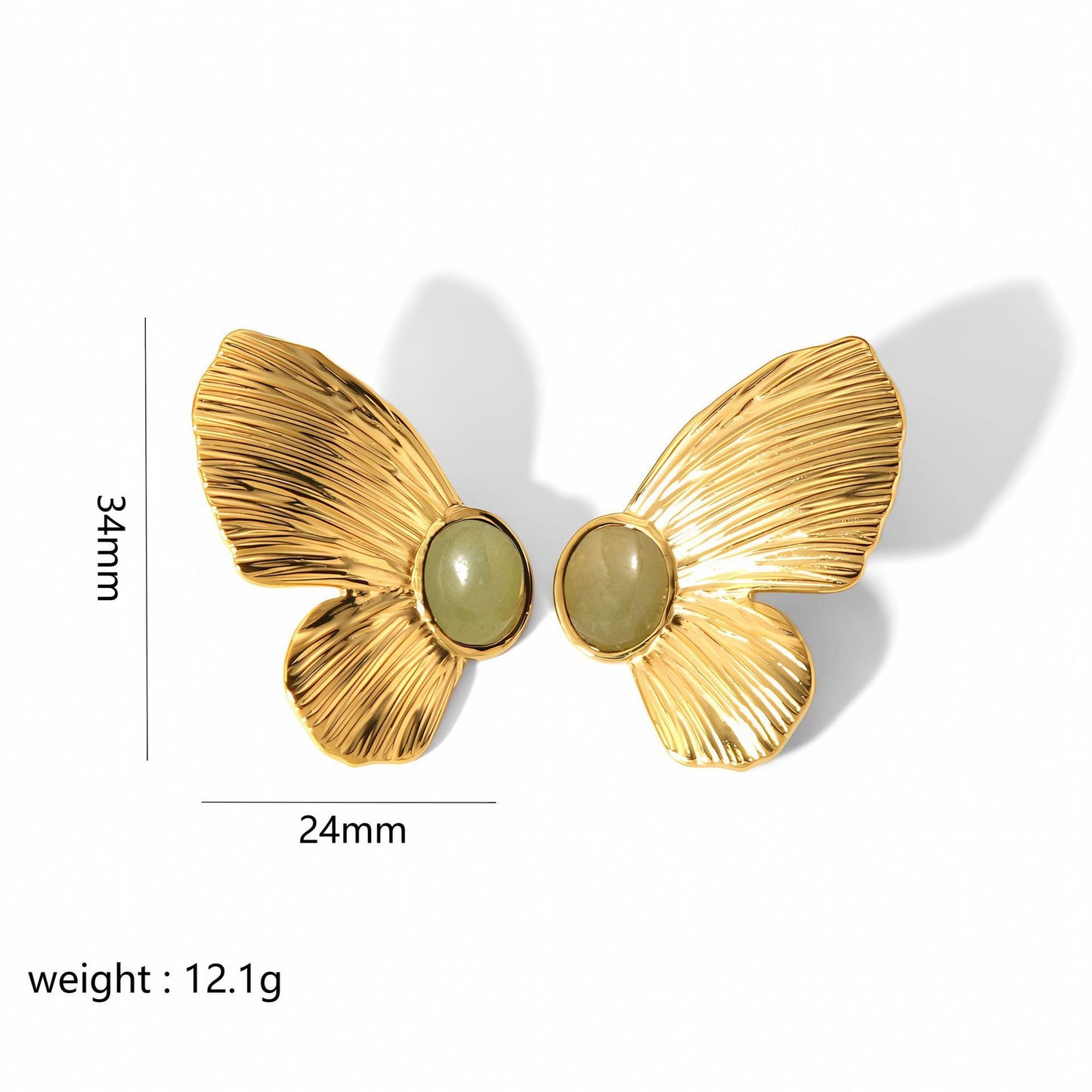 Gold butterfly-shaped earrings with green gemstones, shown with measurements and weight on a white background.