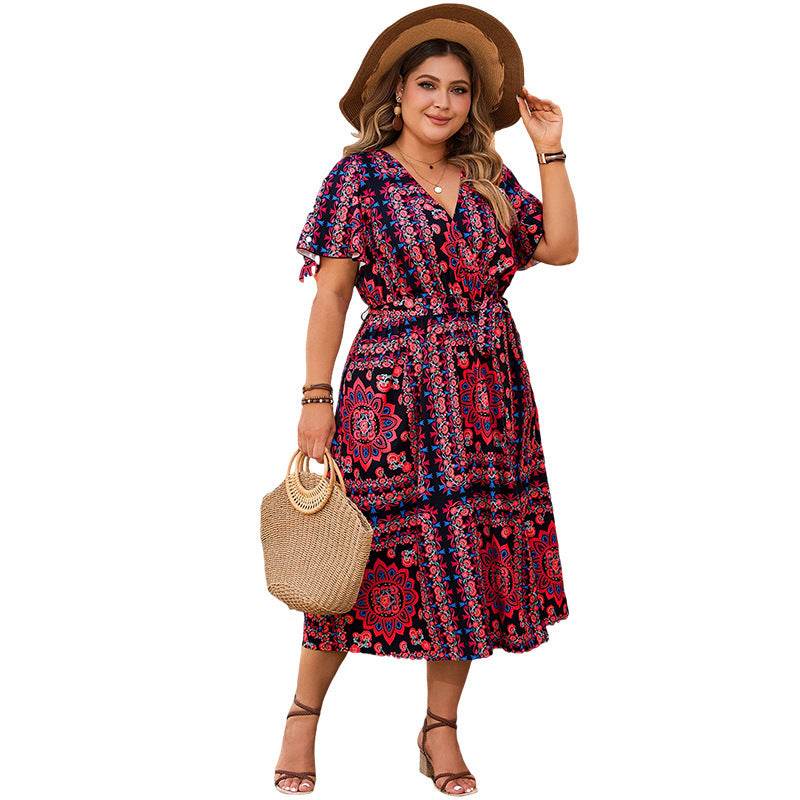 Retro Plus-sized Loose Printed Dress - Casual V-neck Dress - Millivan supplies