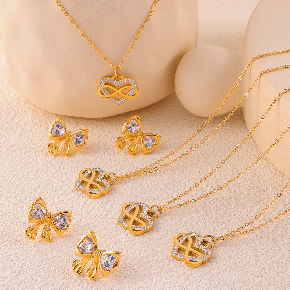 Diamond Bow Earrings Hollow Titanium Steel Necklace