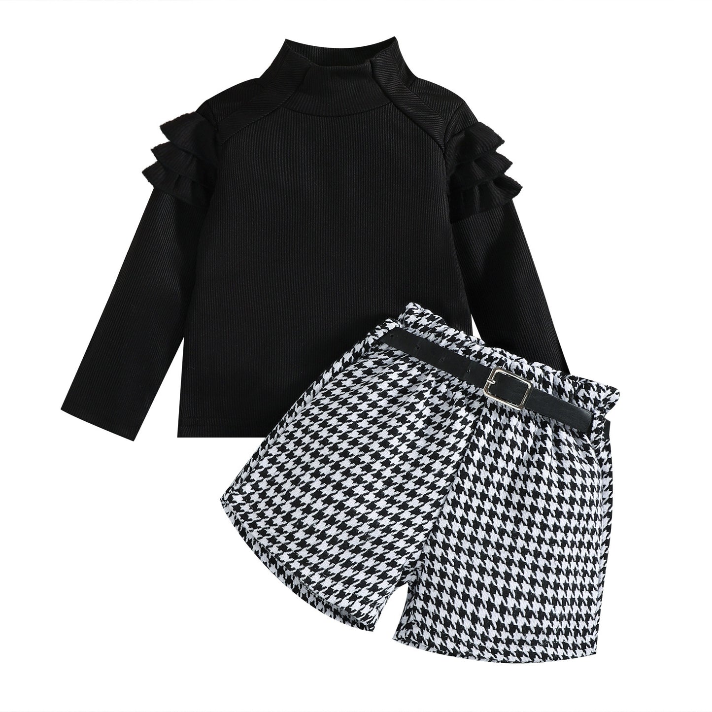 Children's Turtleneck Flounce Long Sleeve Shorts Including Belt Suit