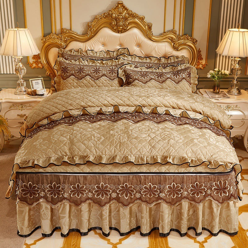 European Style Velvet Quilted Bed Skirt Four-Piece Suit