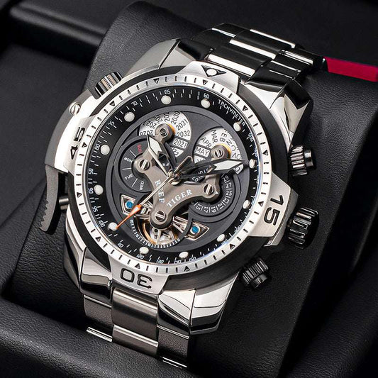 Men's Large Dial Mechanical Watch – 45mm Hollow-Out Waterproof Strong Luminous Steel Watch | 6 Styles