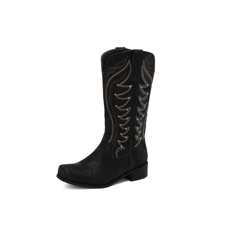 Women's Western Embroidered Denim Boots - Adult Square Toe Mid-Heel