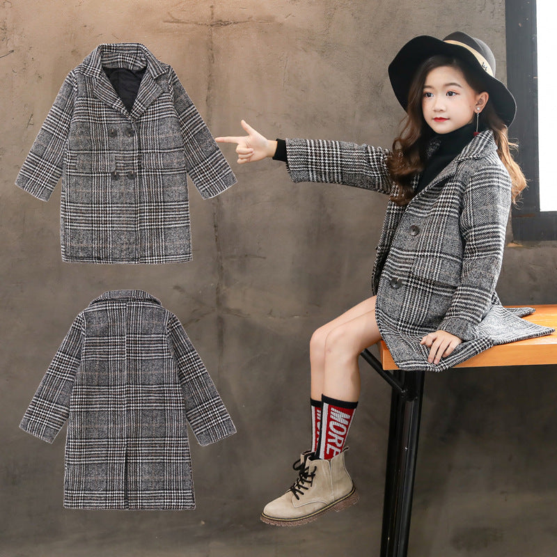 Plaid coat with three views and a person wearing it sitting on a stool.
