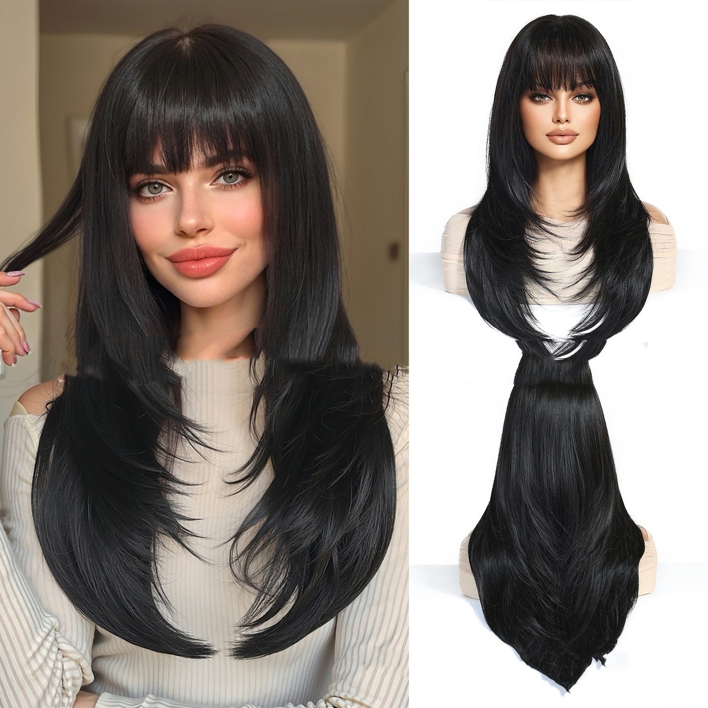 Black wig with bangs worn by a person and on a mannequin head.