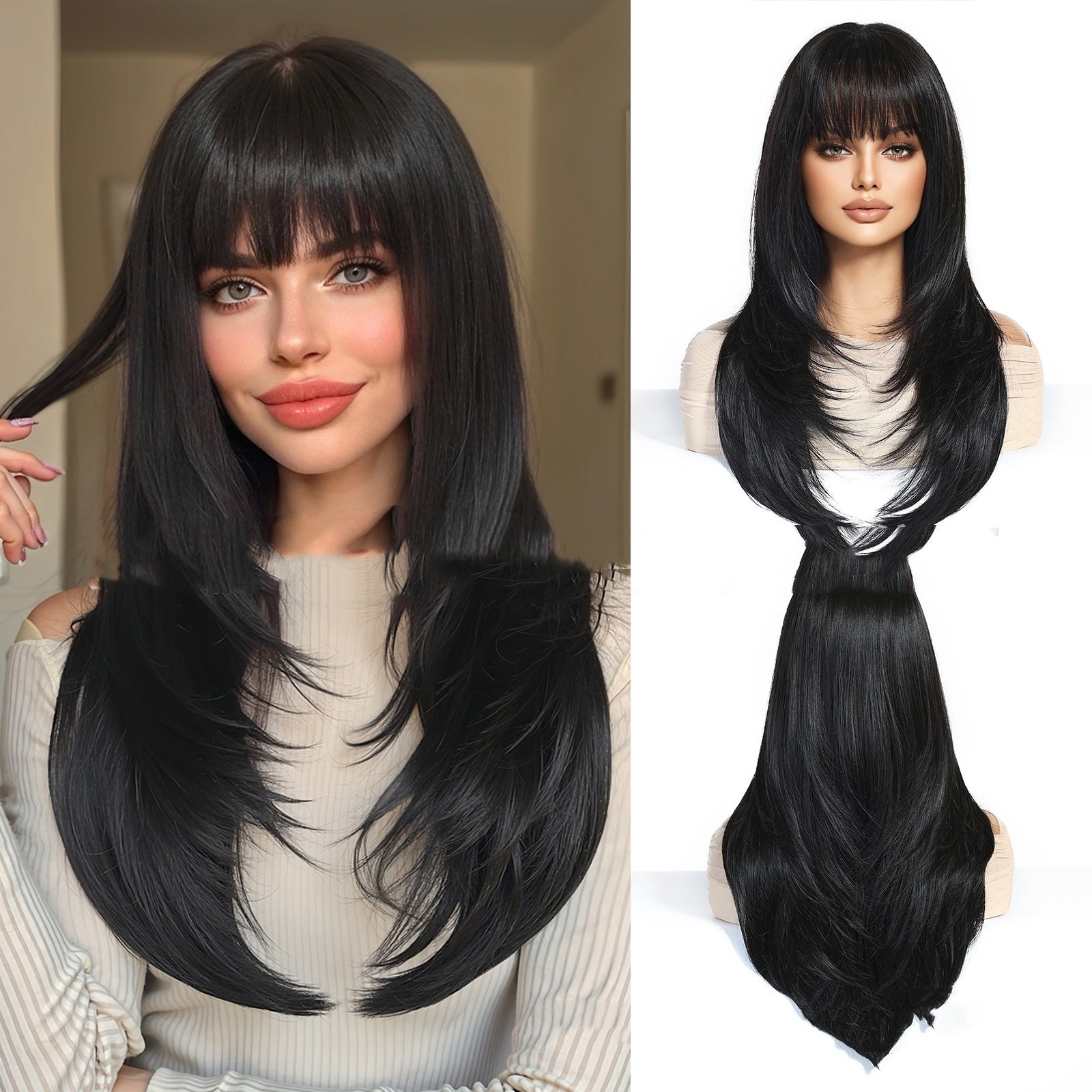 Black wig with bangs worn by a person and on a mannequin head.
