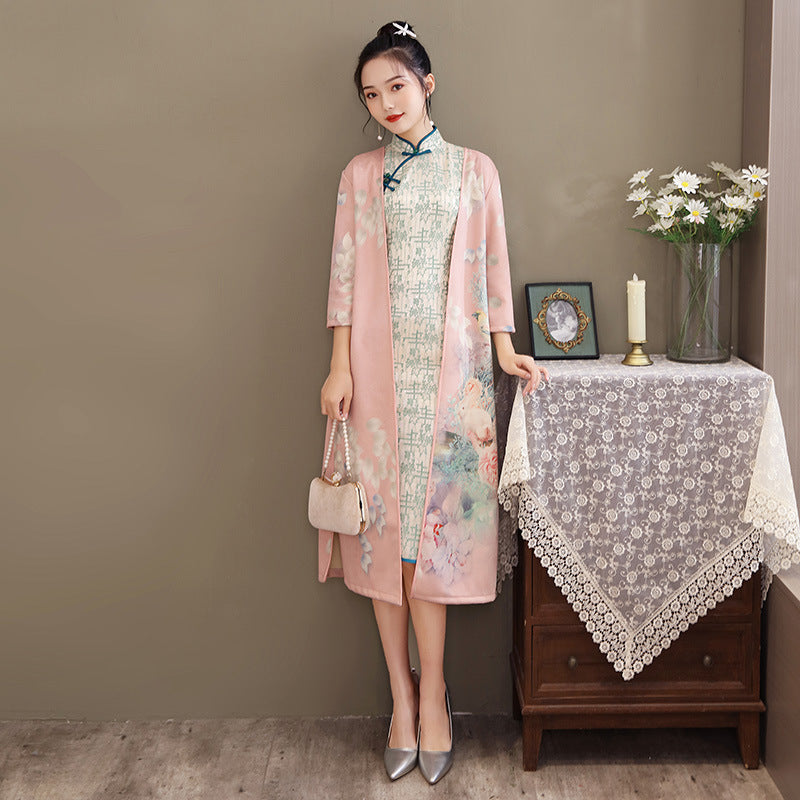 Medium Length Cheongsam - Suede Aodai Dress