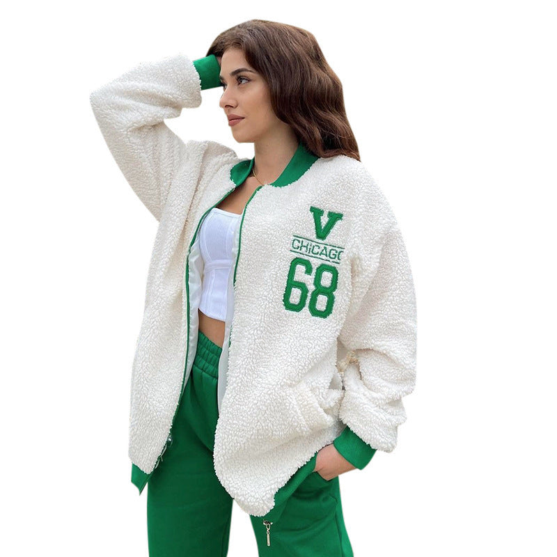 Women's New Letter Embroidered Loose Casual Lamb Wool Jacket - Adult Fashion Outerwear
