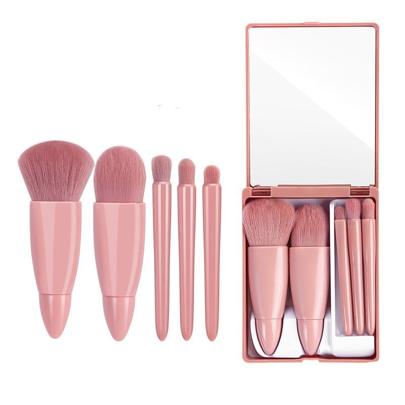 5Pcs Makeup Brushes Tool Set Cosmetic Powder Eye Shadow Foundation Blush Blending Make Up Brush - Pink with Mirror