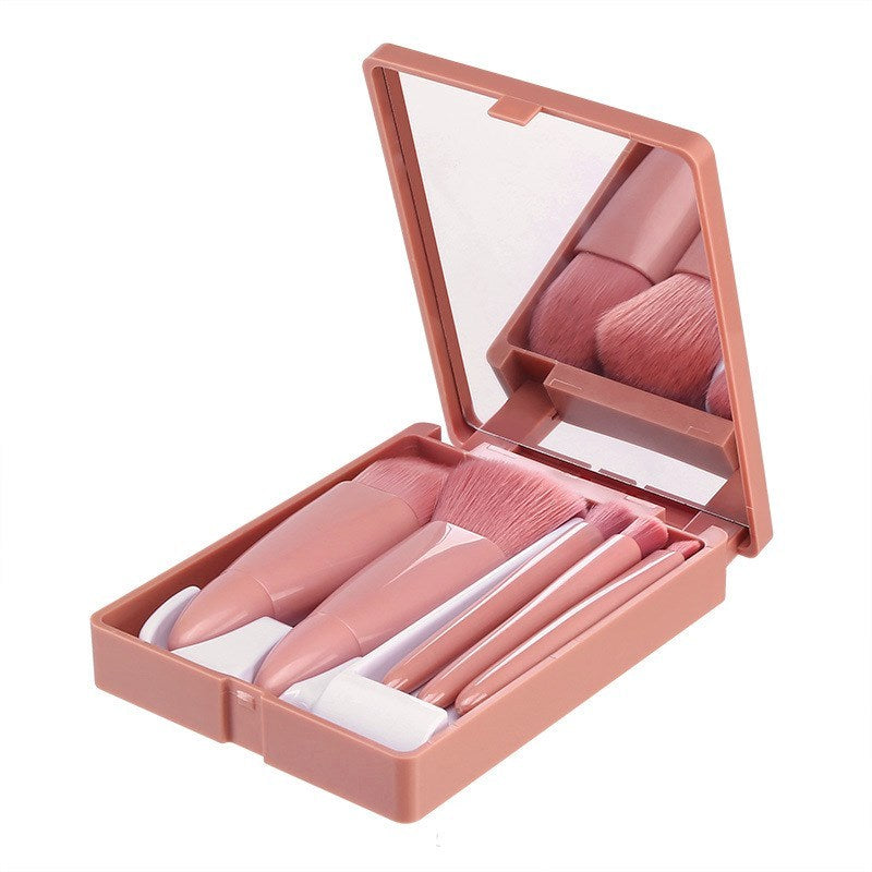 5Pcs Makeup Brushes Tool Set Cosmetic Powder Eye Shadow Foundation Blush Blending Make Up Brush - Pink with Mirror