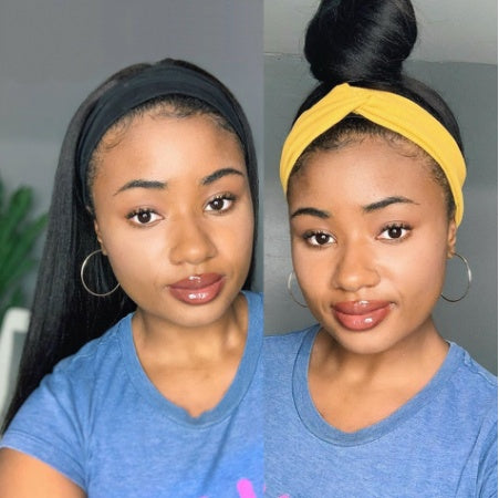 Two side-by-side images of a person wearing a blue shirt with a gray background.