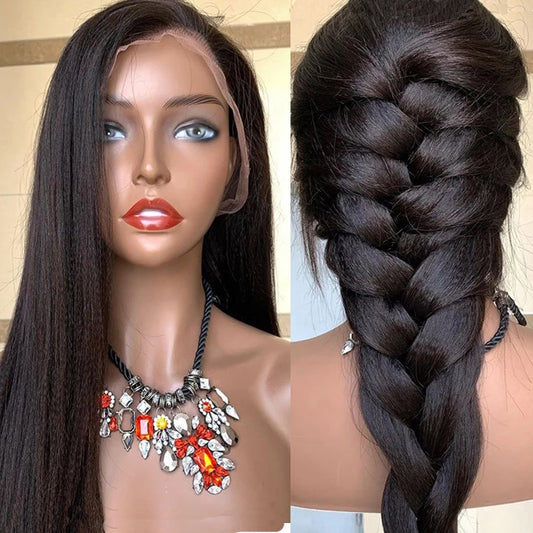 Mannequin head with long straight hair and close-up of braided hair on a plain background