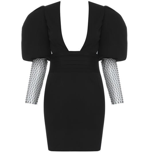 Black dress with fishnet sleeves on a white background