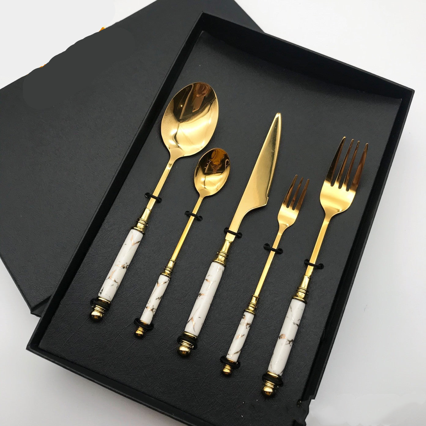 Stainless Steel Gilded Tableware With Ceramic Handle - 5-Piece Western Cutlery Set