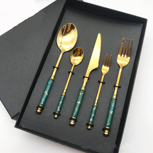 Stainless Steel Gilded Tableware With Ceramic Handle - 5-Piece Western Cutlery Set