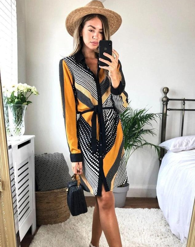 Women's Floral Long Sleeve Shirt Dress - Adult Fashion Tie Dress Green