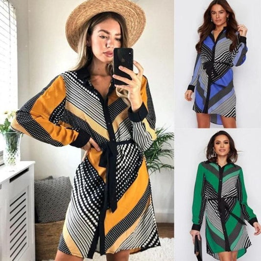 Women's Floral Long Sleeve Shirt Dress - Adult Fashion Tie Dress Green