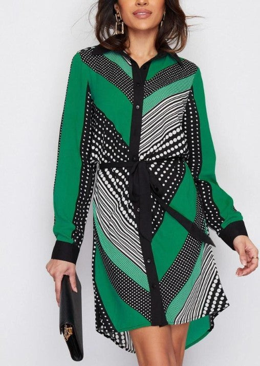 Women's Floral Long Sleeve Shirt Dress - Adult Fashion Tie Dress Green