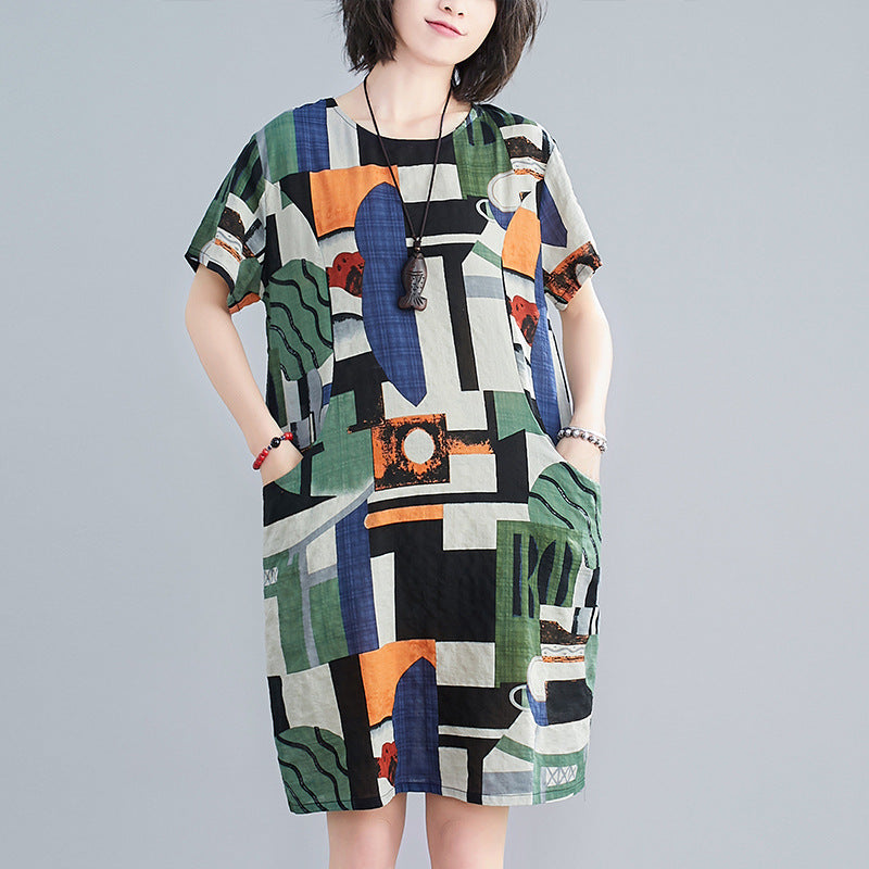 Summer Large Size Loose And Thin Stitching Printed Mid Length Dress