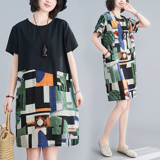 Summer Large Size Loose And Thin Stitching Printed Mid Length Dress