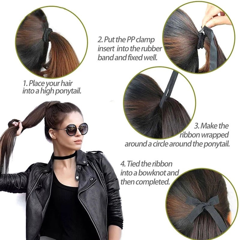 Step-by-step guide on how to tie a hair ribbon with a woman modeling the style.