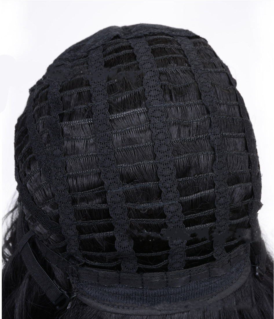 Black lace front wig with a grid pattern on a white background