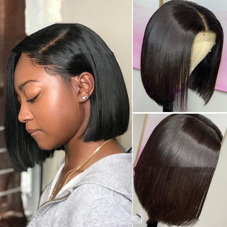 Woman with a black bob wig and close-up shots of the wig on a mannequin head.
