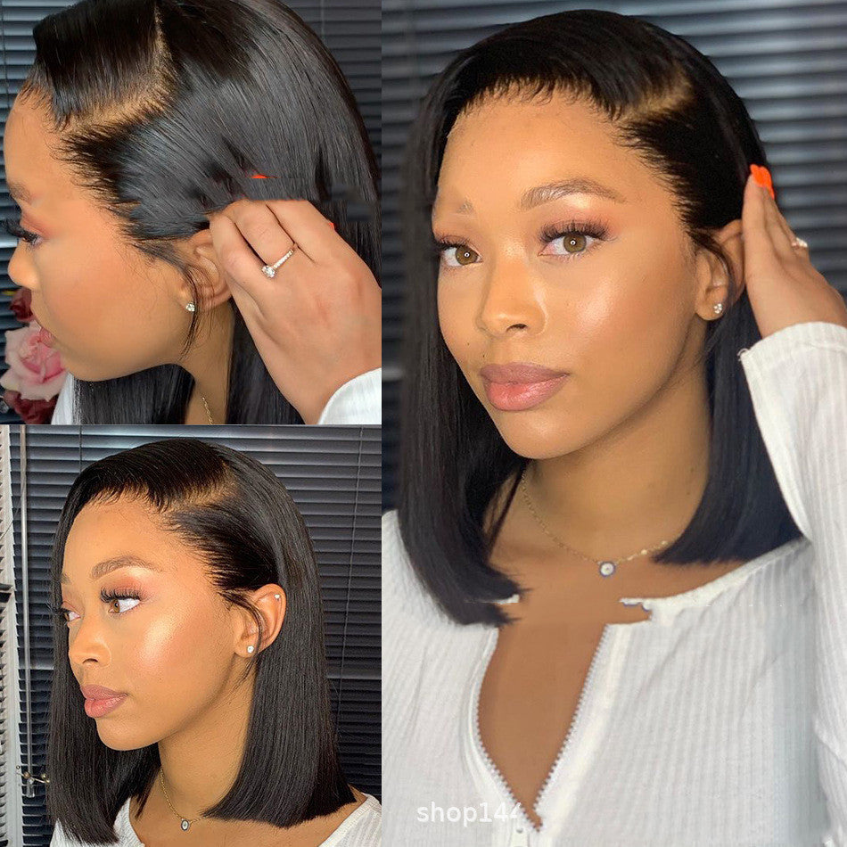 Woman with styled hair, close-up of hairline, and side view of hairstyle.