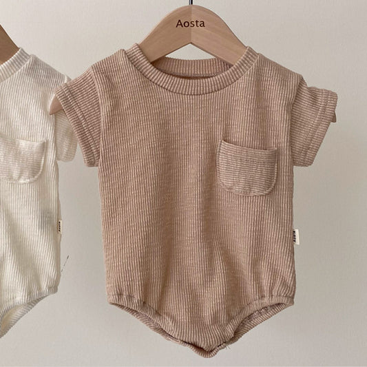 Brown ribbed baby romper on a hanger with 'Aosta' branding.