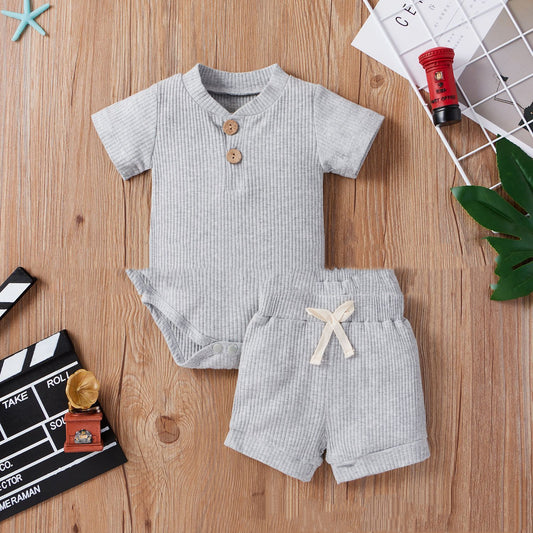 Spring Hot Style Children'S Five-Color Pit Strip Stand Collar Button Short Sleeve Two-Piece Suit