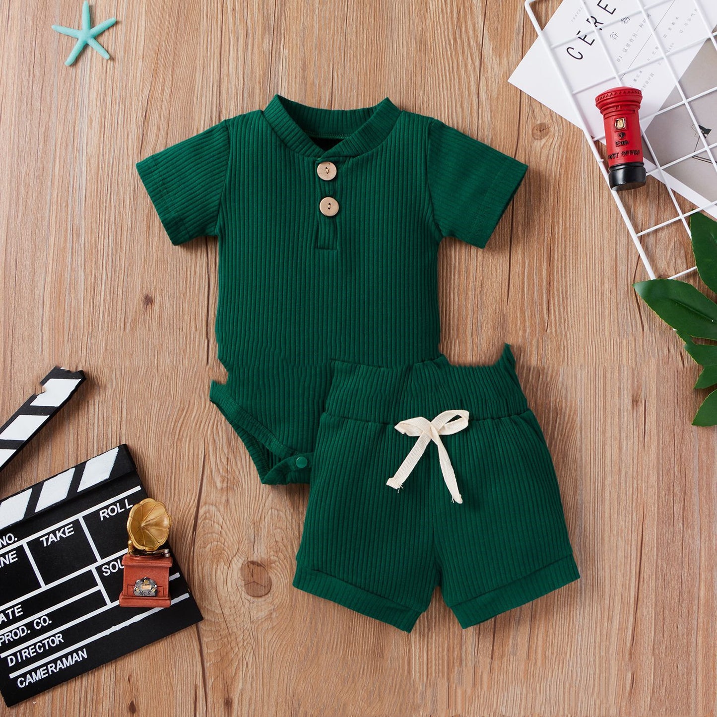 Spring Hot Style Children'S Five-Color Pit Strip Stand Collar Button Short Sleeve Two-Piece Suit