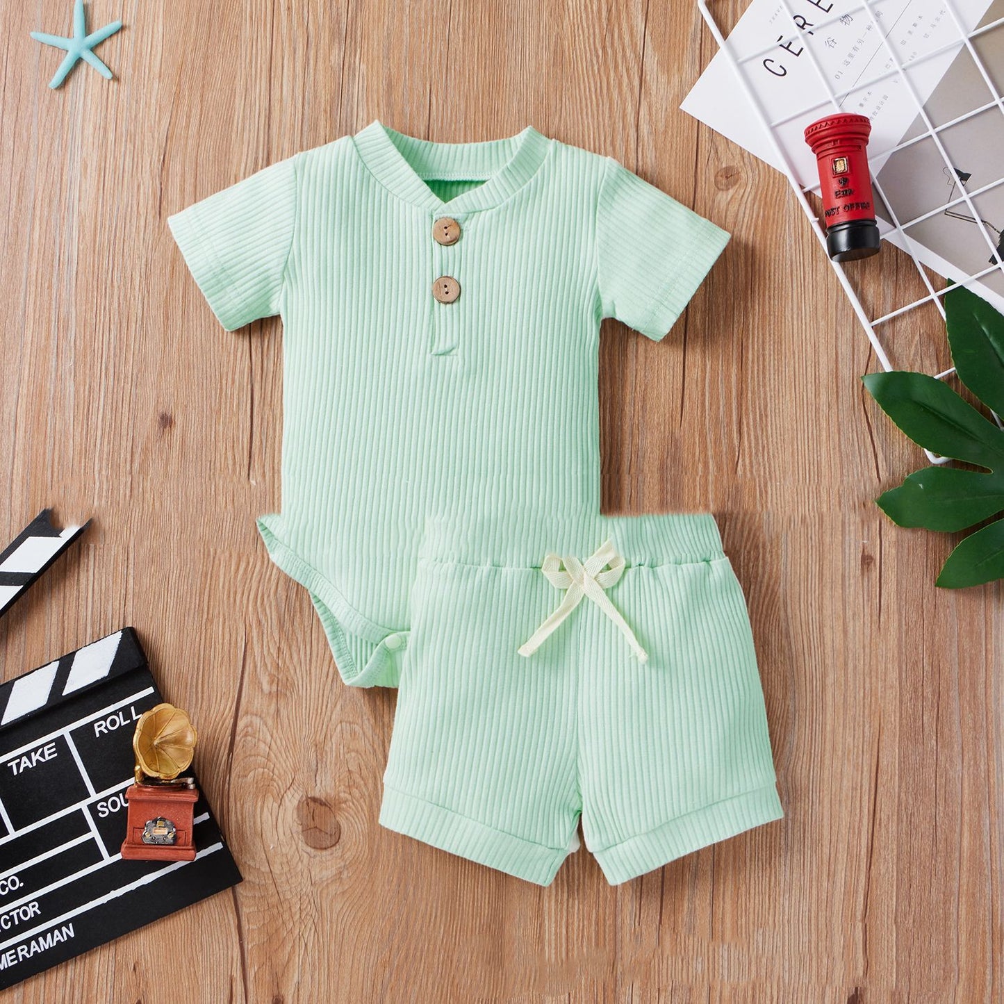 Spring Hot Style Children'S Five-Color Pit Strip Stand Collar Button Short Sleeve Two-Piece Suit