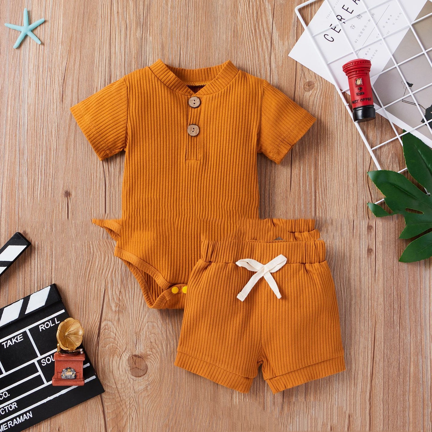 Spring Hot Style Children'S Five-Color Pit Strip Stand Collar Button Short Sleeve Two-Piece Suit
