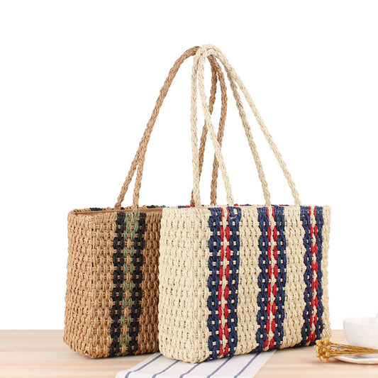 Vertical Stripes One-Shoulder Straw Woven Bag - Fashion Women's Summer Handbag