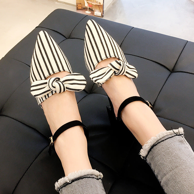 Casual Low-Heeled Pointed Bow One-Word Buckle Fairy Shoes