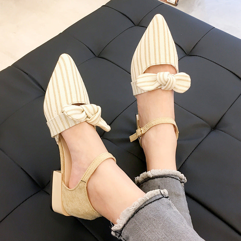 Casual Low-Heeled Pointed Bow One-Word Buckle Fairy Shoes
