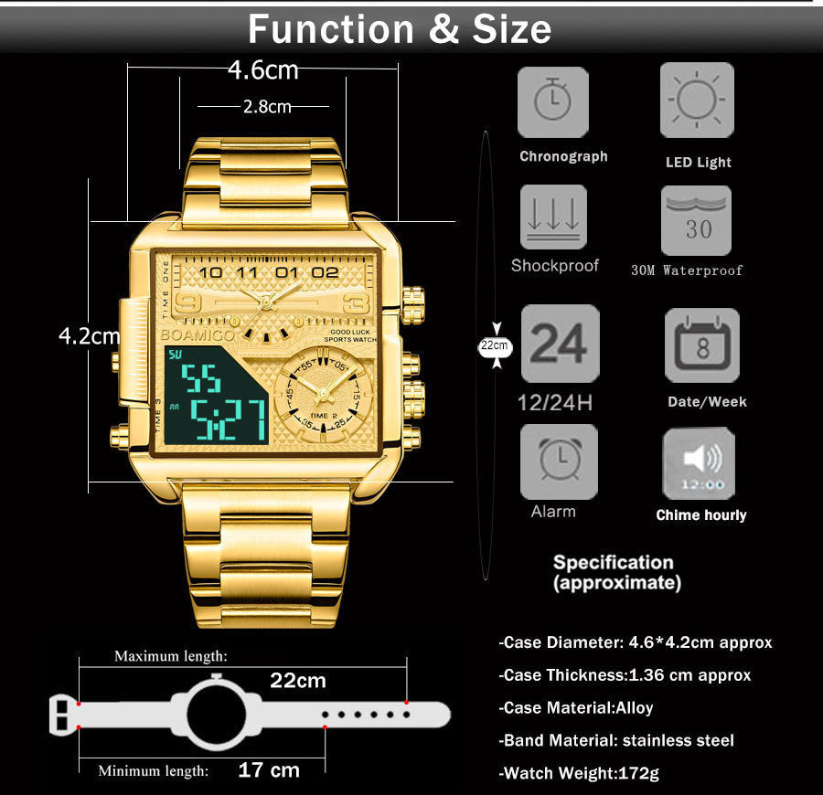 BOAMIGO Gold Digital Analog Watch - 42mm Square