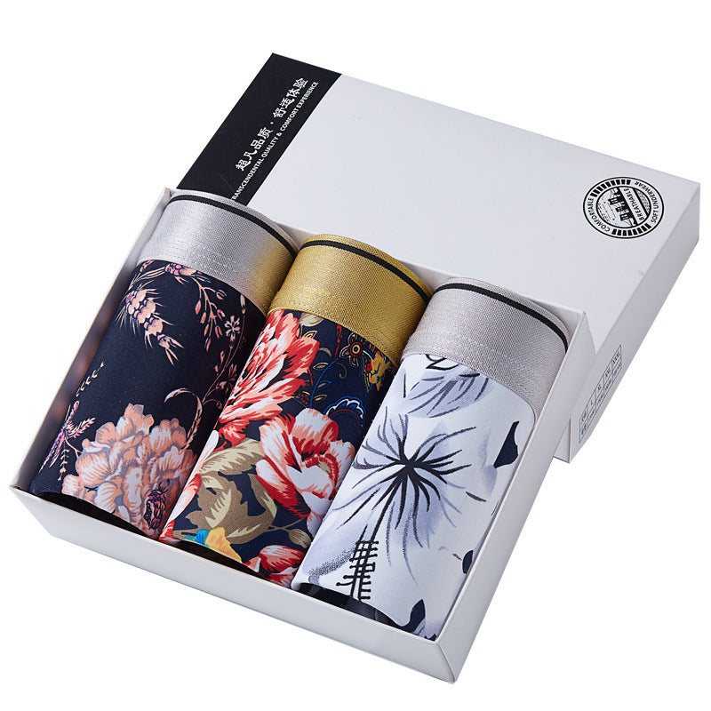 Shorts Breathable Four-corner Ice Silk Men's Underwear Printing Sexy Boxer Briefs