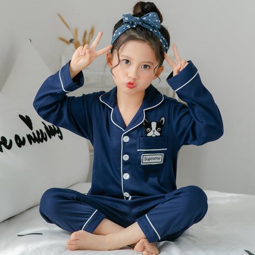 Girls Cotton Pajamas Set - Blue Crown Print Long-sleeved Home Wear Multiple Sizes