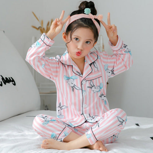Girls Cotton Pajamas Set - Blue Crown Print Long-sleeved Home Wear Multiple Sizes