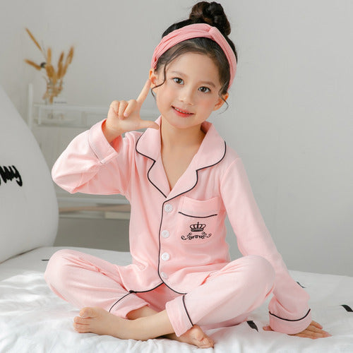 Girls Cotton Pajamas Set - Blue Crown Print Long-sleeved Home Wear Multiple Sizes