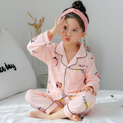 Girls Cotton Pajamas Set - Blue Crown Print Long-sleeved Home Wear Multiple Sizes