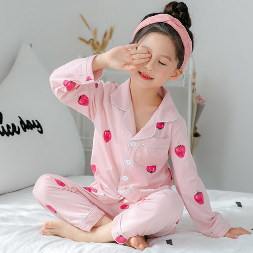 Girls Cotton Pajamas Set - Blue Crown Print Long-sleeved Home Wear Multiple Sizes
