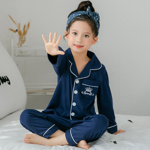 Girls Cotton Pajamas Set - Blue Crown Print Long-sleeved Home Wear Multiple Sizes